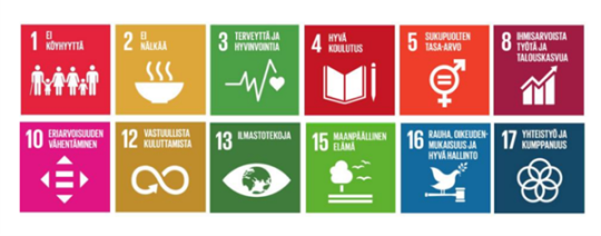 Agenda 2023 kuvakkeet niistä tavoitteista, joihin STEP-koulutus on sitoutunut.