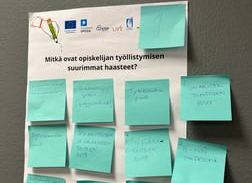 Post it lappuja kiinnitettynä seinälle.