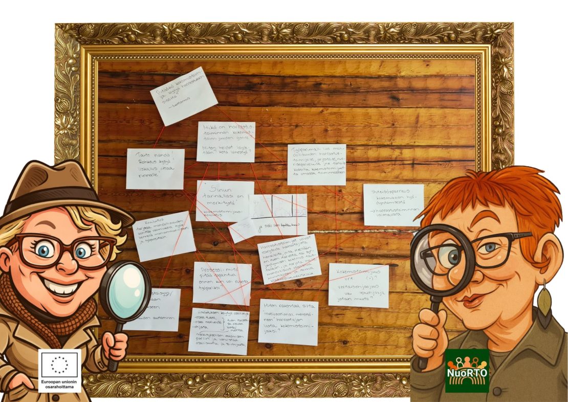 Piirroskuvassa hankkeen työntekijät Taru ja Maara salapoliisityössä.