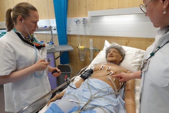 Simulaatiokoulutus, muistisairaan asiakkaan kohtaminen ja verenpaineen mittaaminen.